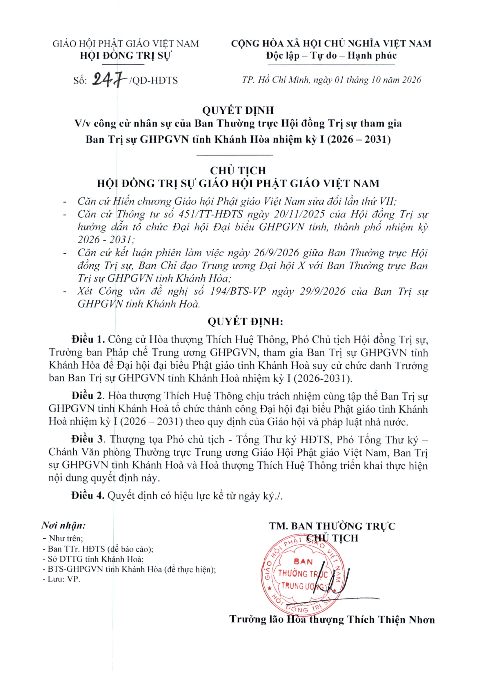 Hòa thượng Thích Huệ Thông được công cử tham gia Ban Trị sự Phật giáo Khánh Hòa